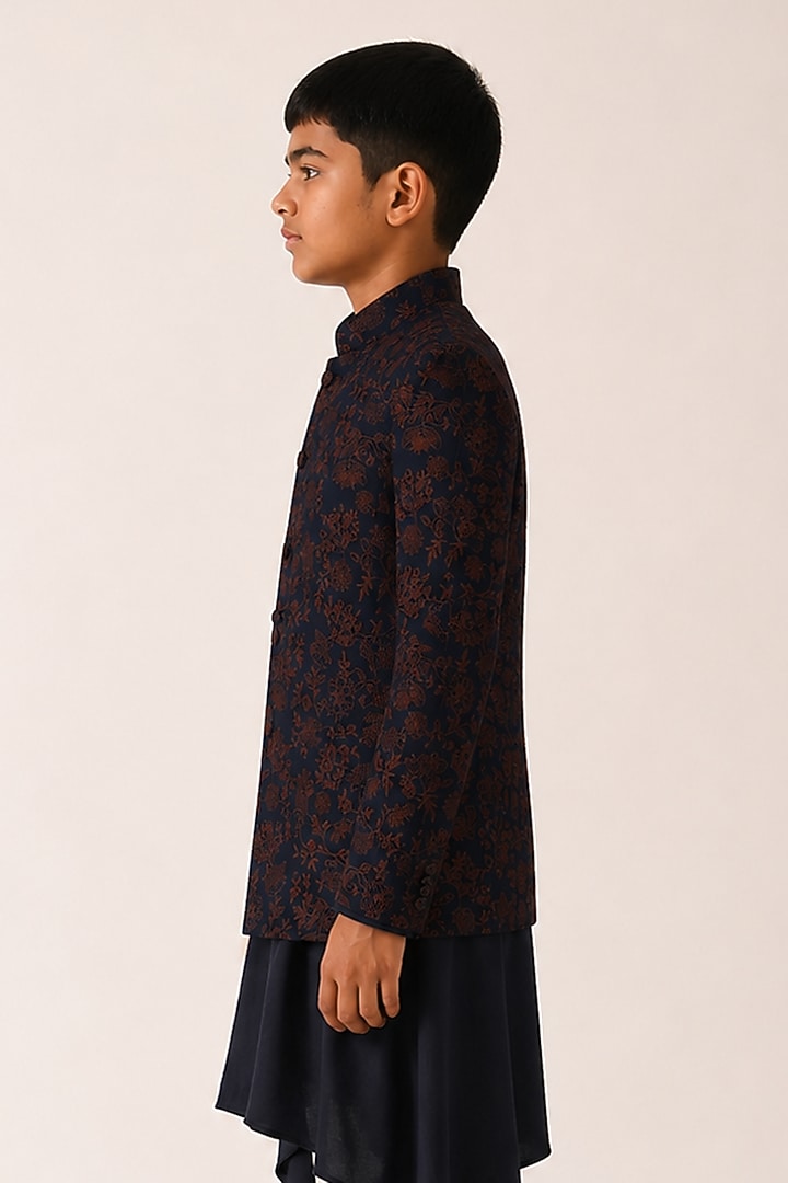 Navy Silk Embroidered Bandhgala For Boys by Dhruv Vaish Kids at Pernia's Pop Up Shop