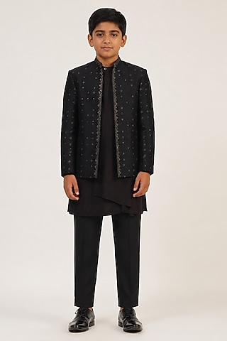 Black Silk Metal Embroidered Bandhgala For Boys by Dhruv Vaish Kids