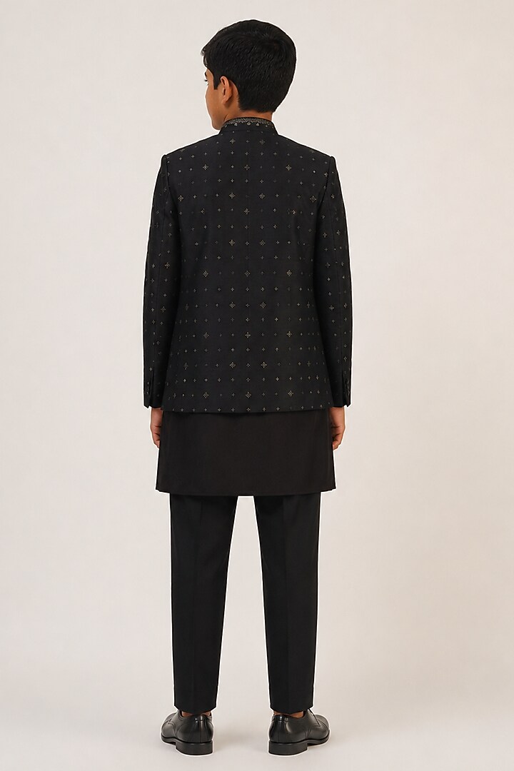 Black Silk Metal Embroidered Bandhgala For Boys by Dhruv Vaish Kids at Pernia's Pop Up Shop