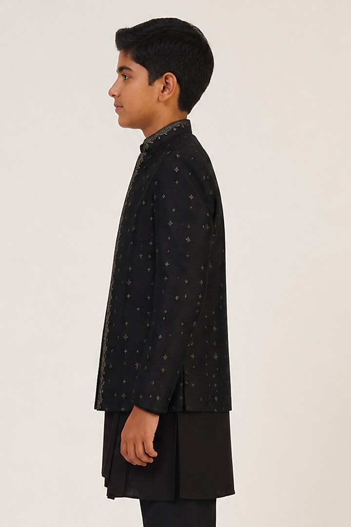Black Silk Metal Embroidered Bandhgala For Boys by Dhruv Vaish Kids at Pernia's Pop Up Shop