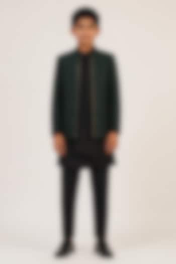 Bottle Green Silk Metal Embroidered Bandhgala For Boys by Dhruv Vaish Kids at Pernia's Pop Up Shop