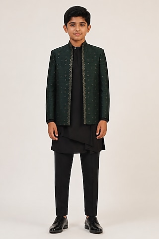 Bottle Green Silk Metal Embroidered Bandhgala For Boys by Dhruv Vaish Kids