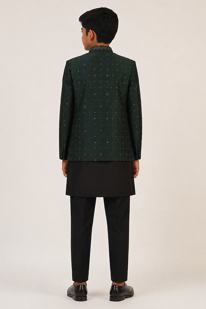 Bottle Green Silk Metal Embroidered Bandhgala For Boys by Dhruv Vaish Kids at Pernia's Pop Up Shop