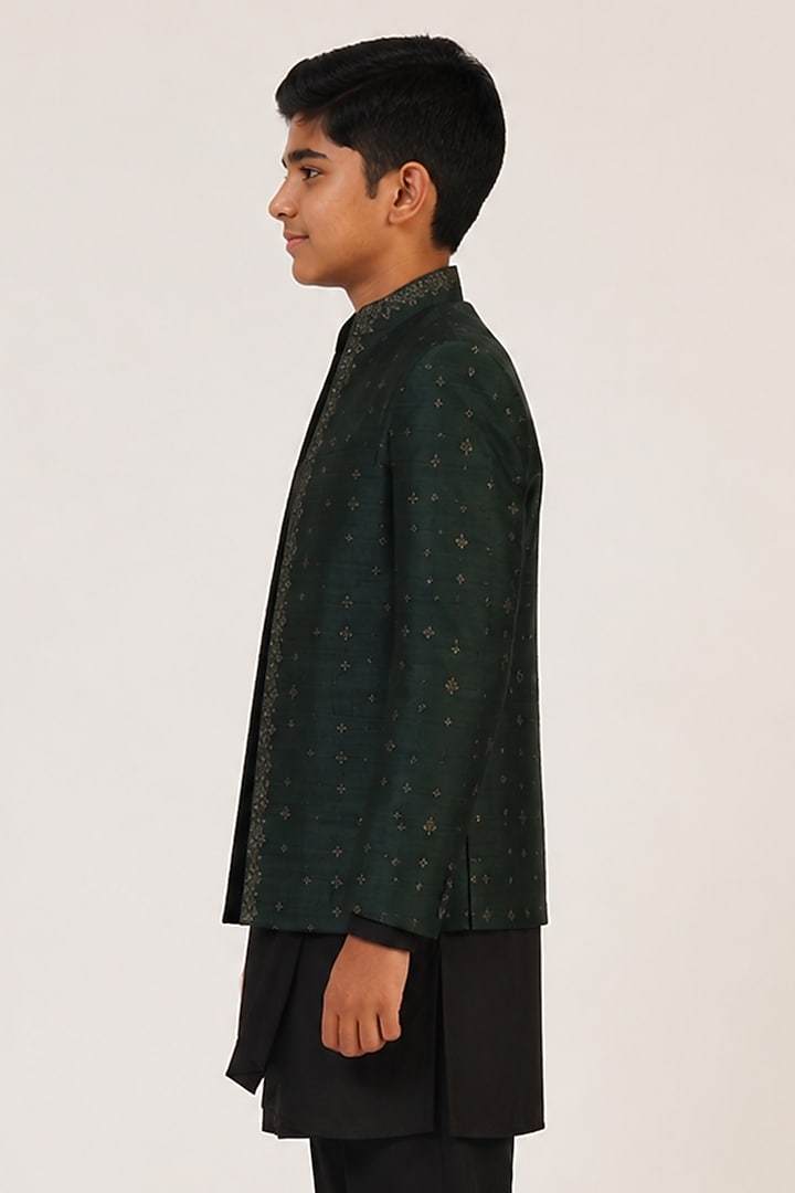 Bottle Green Silk Metal Embroidered Bandhgala For Boys by Dhruv Vaish Kids at Pernia's Pop Up Shop