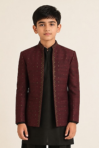 Old Mauve Silk Metal Embroidered Bandhgala For Boys by Dhruv Vaish Kids