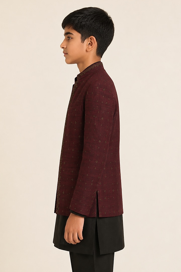 Old Mauve Silk Metal Embroidered Bandhgala For Boys by Dhruv Vaish Kids at Pernia's Pop Up Shop