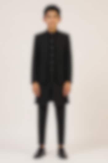 Black Silk Metal Bead Embroidered Bandhgala Set For Boys by Dhruv Vaish Kids at Pernia's Pop Up Shop