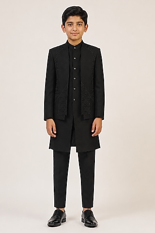 Black Silk Metal Bead Embroidered Bandhgala Set For Boys by Dhruv Vaish Kids