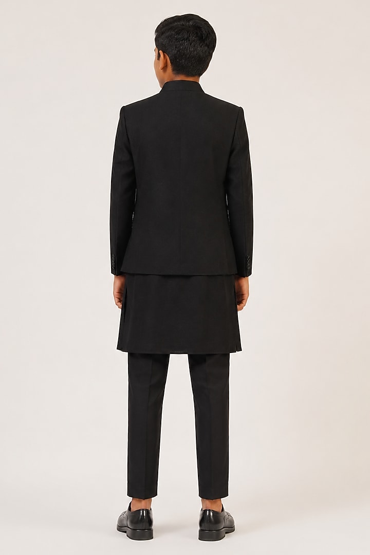 Black Silk Metal Bead Embroidered Bandhgala Set For Boys by Dhruv Vaish Kids at Pernia's Pop Up Shop