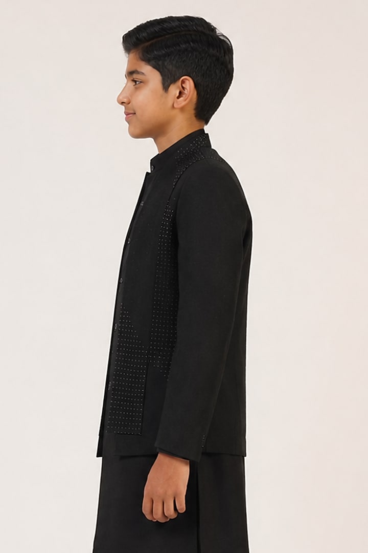 Black Silk Metal Bead Embroidered Bandhgala Set For Boys by Dhruv Vaish Kids at Pernia's Pop Up Shop