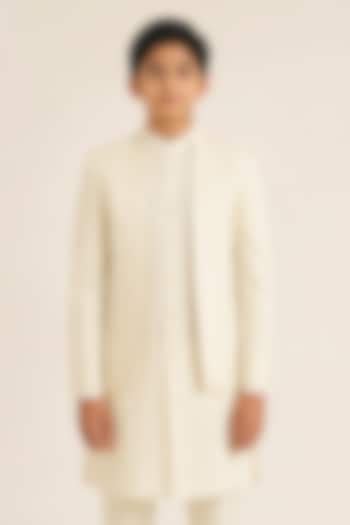 Ivory Silk Metal Bead Embroidered Bandhgala Set For Boys by Dhruv Vaish Kids at Pernia's Pop Up Shop