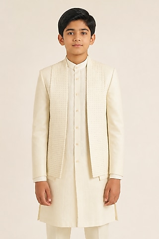 Ivory Silk Metal Bead Embroidered Bandhgala Set For Boys by Dhruv Vaish Kids