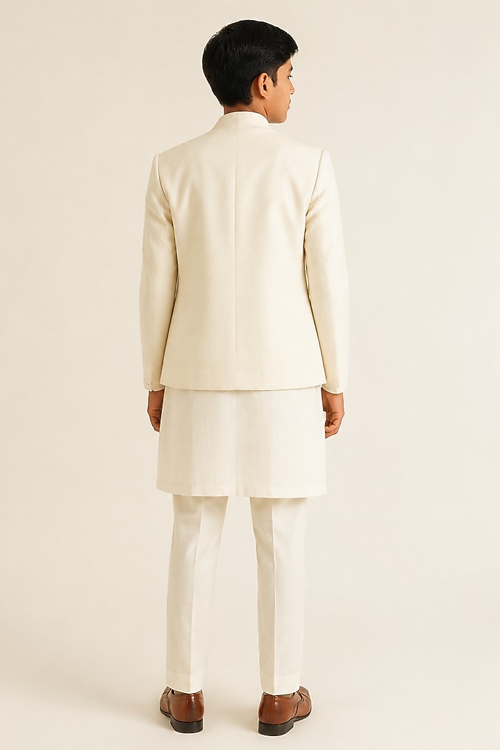 Ivory Silk Metal Bead Embroidered Bandhgala Set For Boys by Dhruv Vaish Kids at Pernia's Pop Up Shop
