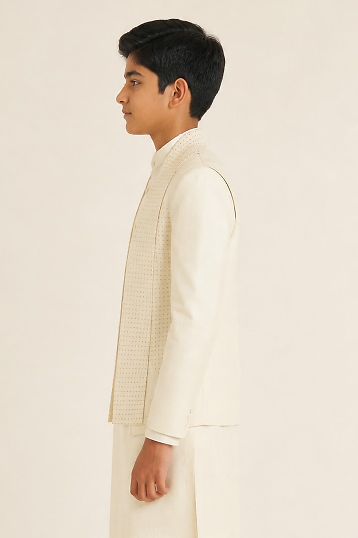 Ivory Silk Metal Bead Embroidered Bandhgala Set For Boys by Dhruv Vaish Kids at Pernia's Pop Up Shop