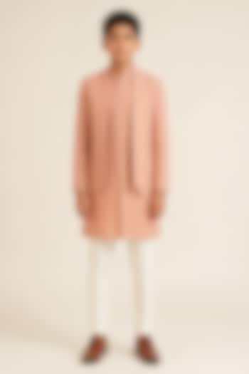 Onion Pink Silk Metal Bead Embroidered Bandhgala Set For Boys by Dhruv Vaish Kids at Pernia's Pop Up Shop