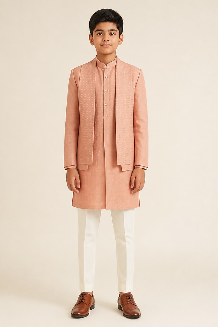 Onion Pink Silk Metal Bead Embroidered Bandhgala Set For Boys by Dhruv Vaish Kids at Pernia's Pop Up Shop