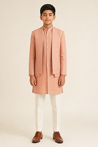 Onion Pink Silk Metal Bead Embroidered Bandhgala Set For Boys by Dhruv Vaish Kids