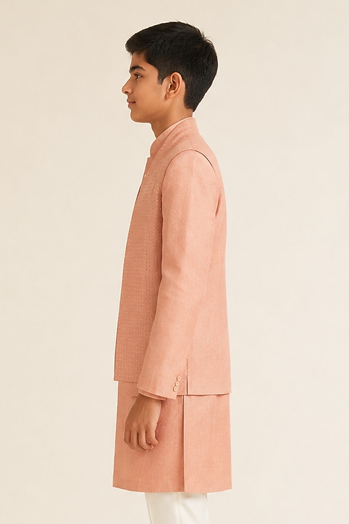 Onion Pink Silk Metal Bead Embroidered Bandhgala Set For Boys by Dhruv Vaish Kids at Pernia's Pop Up Shop