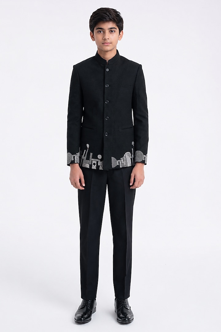 Black Silk Thread Embroidered Bandhgala For Boys by Dhruv Vaish Kids at Pernia's Pop Up Shop