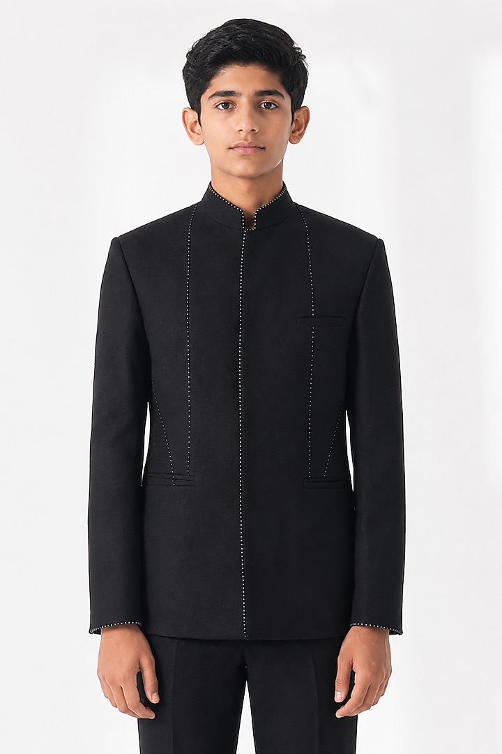 Black Silk Thread Embroidered Bandhgala For Boys by Dhruv Vaish Kids at Pernia's Pop Up Shop
