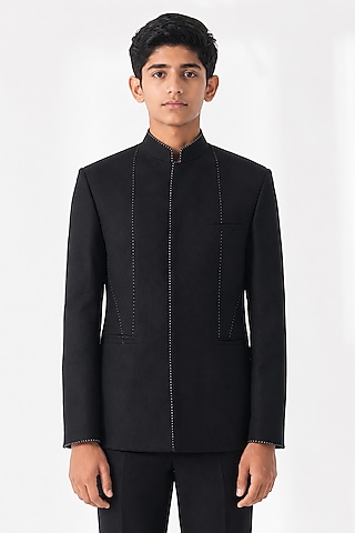 Black Silk Thread Embroidered Bandhgala For Boys by Dhruv Vaish Kids