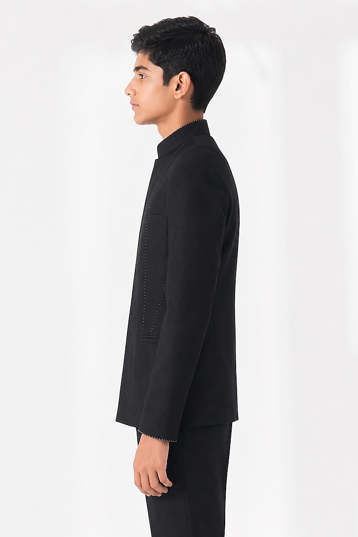 Black Silk Thread Embroidered Bandhgala For Boys by Dhruv Vaish Kids at Pernia's Pop Up Shop