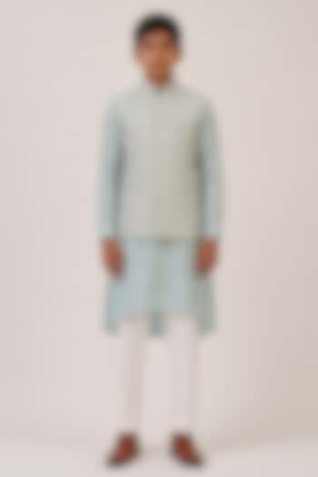 Powder Blue Cotton Silk Embroidered Nehru Jacket For Boys by Dhruv Vaish Kids at Pernia's Pop Up Shop