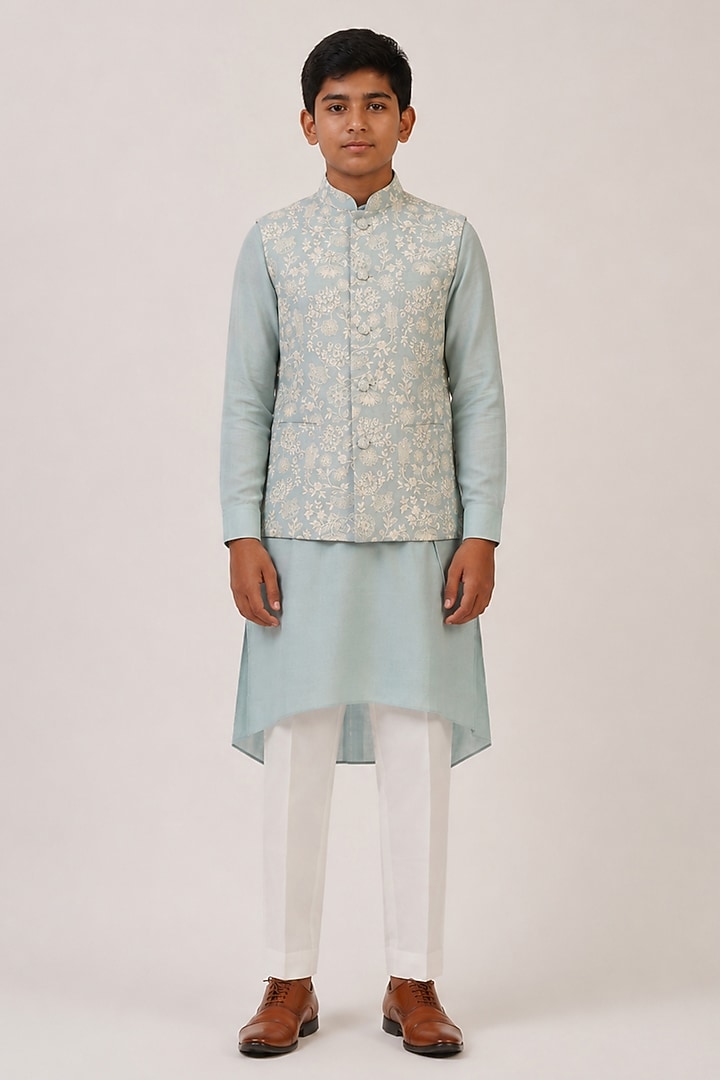 Powder Blue Cotton Silk Embroidered Nehru Jacket For Boys by Dhruv Vaish Kids at Pernia's Pop Up Shop