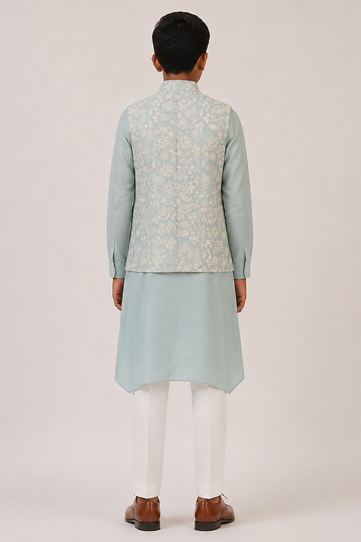 Powder Blue Cotton Silk Embroidered Nehru Jacket For Boys by Dhruv Vaish Kids at Pernia's Pop Up Shop