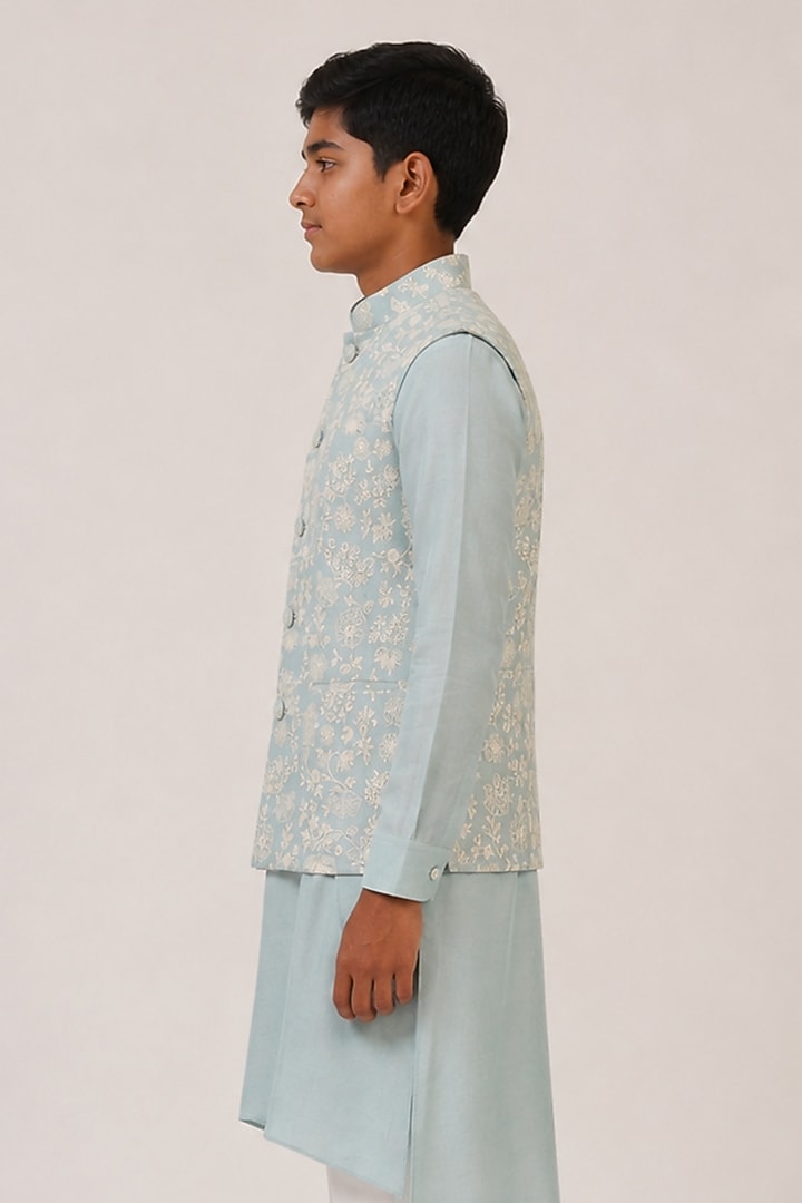 Powder Blue Cotton Silk Embroidered Nehru Jacket For Boys by Dhruv Vaish Kids at Pernia's Pop Up Shop
