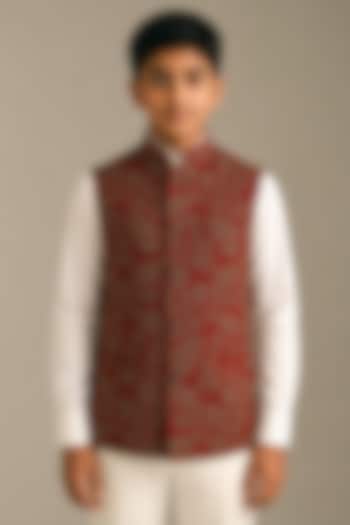Ruby Red Cotton Silk Embroidered Nehru Jacket For Boys by Dhruv Vaish Kids at Pernia's Pop Up Shop