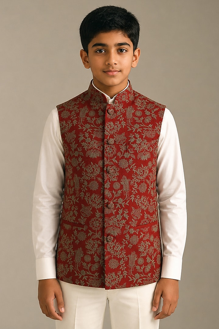 Ruby Red Cotton Silk Embroidered Nehru Jacket For Boys by Dhruv Vaish Kids at Pernia's Pop Up Shop