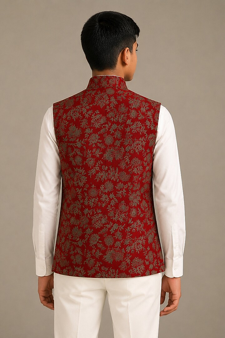 Ruby Red Cotton Silk Embroidered Nehru Jacket For Boys by Dhruv Vaish Kids at Pernia's Pop Up Shop