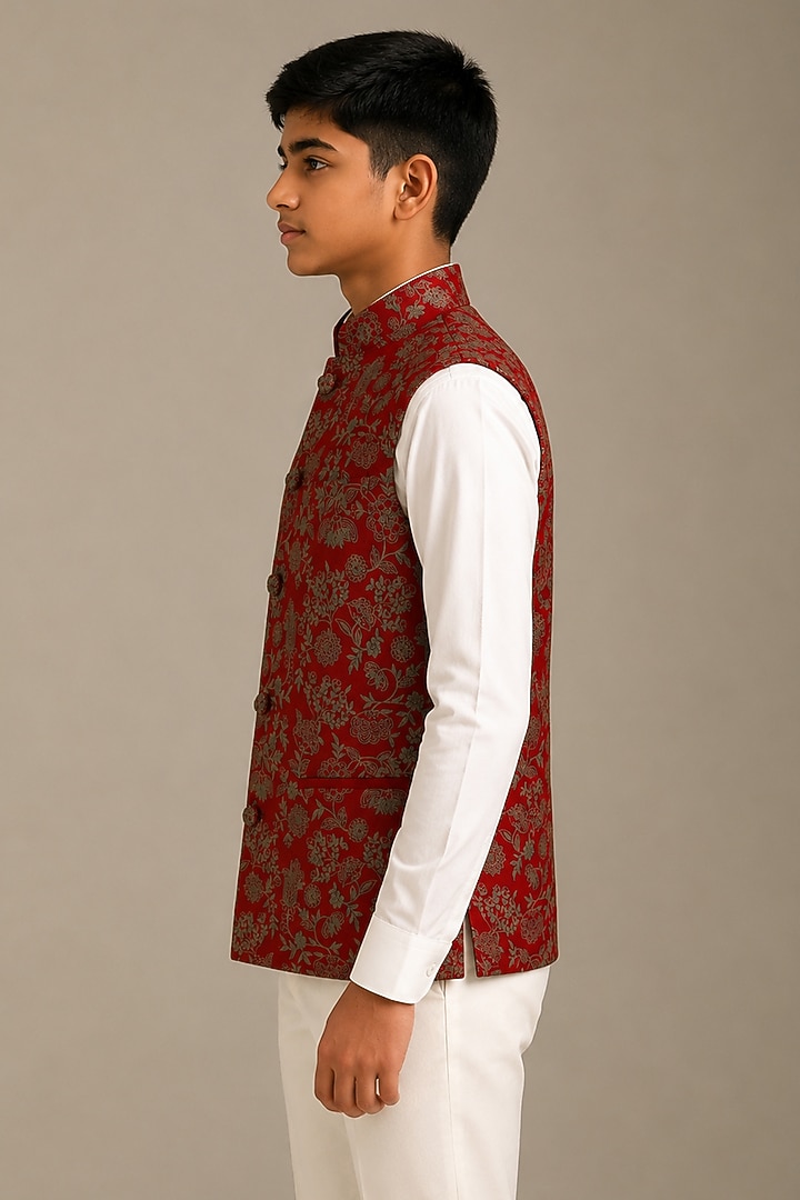 Ruby Red Cotton Silk Embroidered Nehru Jacket For Boys by Dhruv Vaish Kids at Pernia's Pop Up Shop