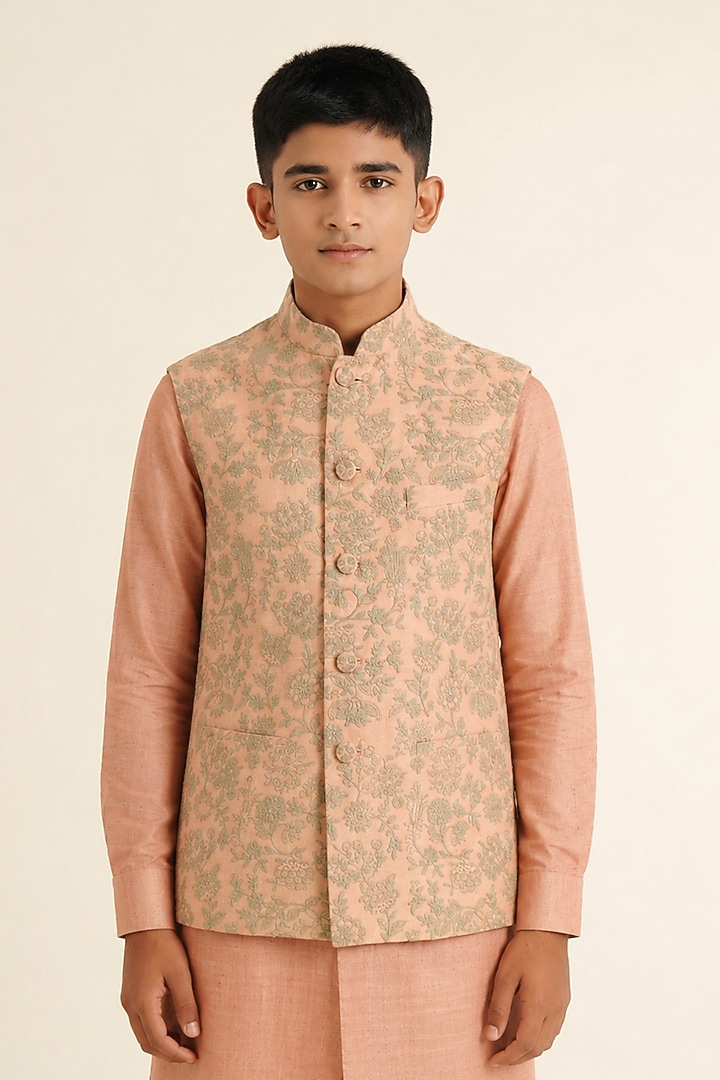 Sandrose Cotton Silk Embroidered Nehru Jacket For Boys by Dhruv Vaish Kids at Pernia's Pop Up Shop