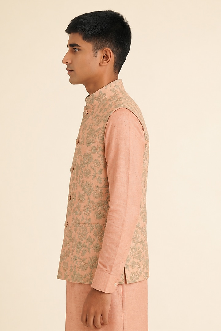 Sandrose Cotton Silk Embroidered Nehru Jacket For Boys by Dhruv Vaish Kids at Pernia's Pop Up Shop