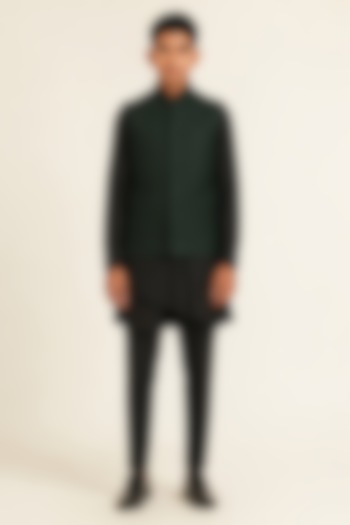 Bottle Green Silk Pintuck Nehru Jacket For Boys by Dhruv Vaish Kids at Pernia's Pop Up Shop