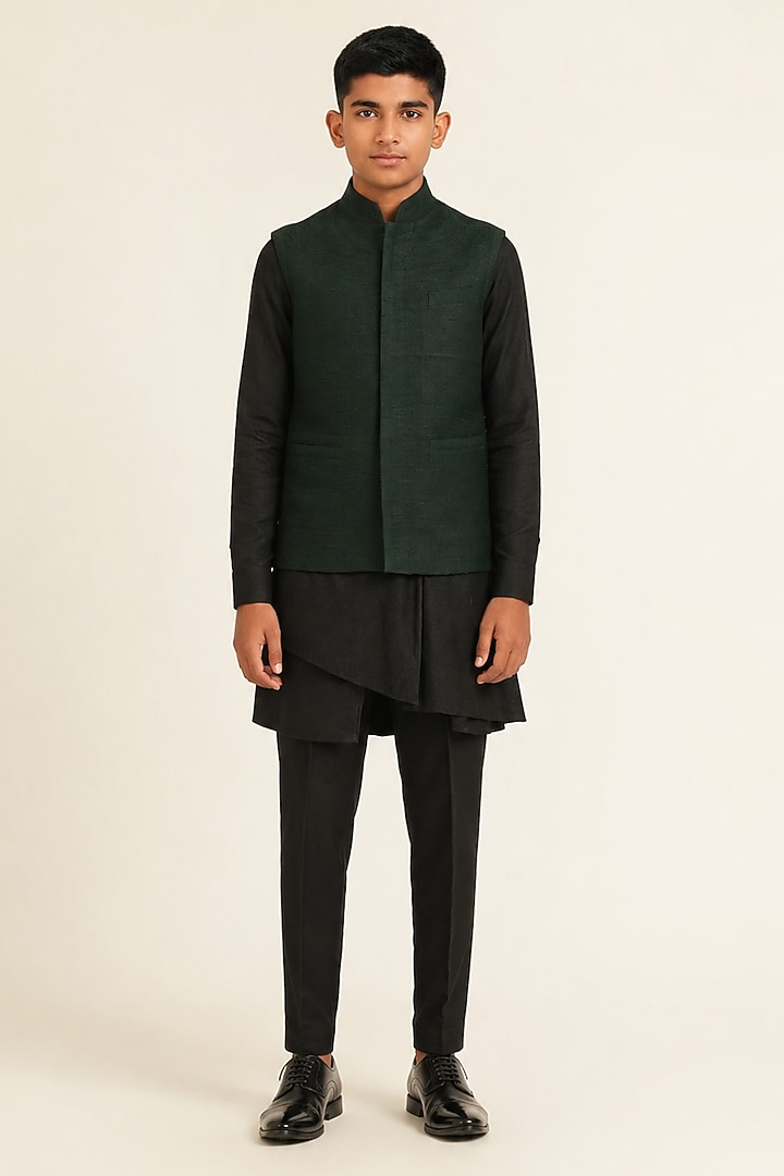 Bottle Green Silk Pintuck Nehru Jacket For Boys by Dhruv Vaish Kids at Pernia's Pop Up Shop