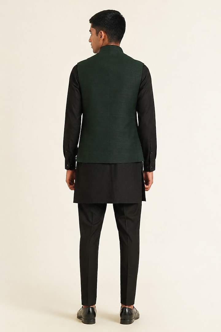 Bottle Green Silk Pintuck Nehru Jacket For Boys by Dhruv Vaish Kids at Pernia's Pop Up Shop