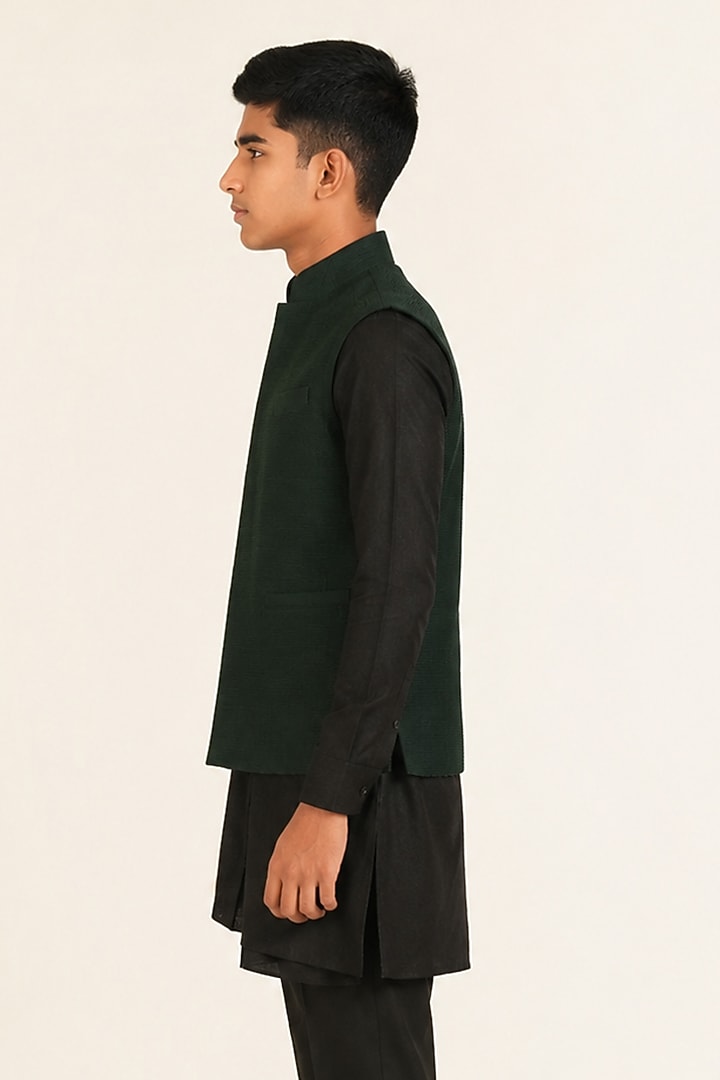 Bottle Green Silk Pintuck Nehru Jacket For Boys by Dhruv Vaish Kids at Pernia's Pop Up Shop