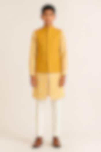 Marigold Yellow Silk Pintuck Nehru Jacket For Boys by Dhruv Vaish Kids at Pernia's Pop Up Shop
