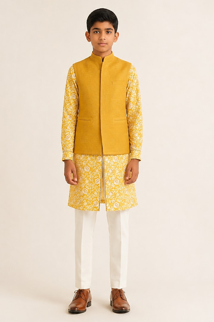Marigold Yellow Silk Pintuck Nehru Jacket For Boys by Dhruv Vaish Kids at Pernia's Pop Up Shop