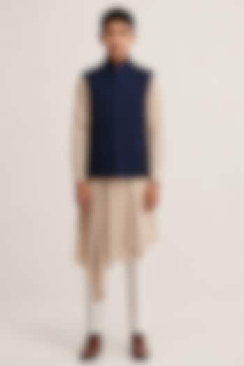 Navy Silk Pintucked Nehru Jacket For Boys by Dhruv Vaish Kids at Pernia's Pop Up Shop