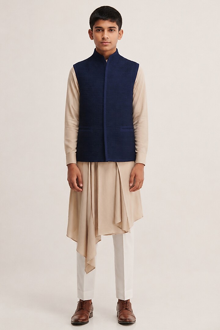 Navy Silk Pintucked Nehru Jacket For Boys by Dhruv Vaish Kids at Pernia's Pop Up Shop