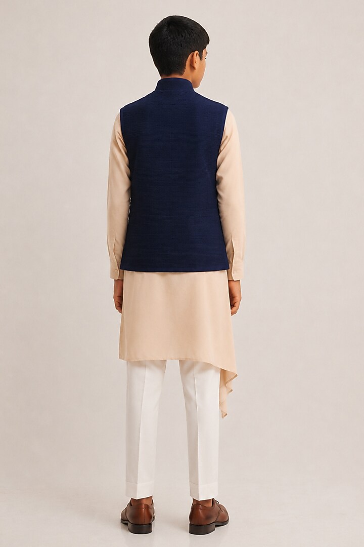 Navy Silk Pintucked Nehru Jacket For Boys by Dhruv Vaish Kids at Pernia's Pop Up Shop
