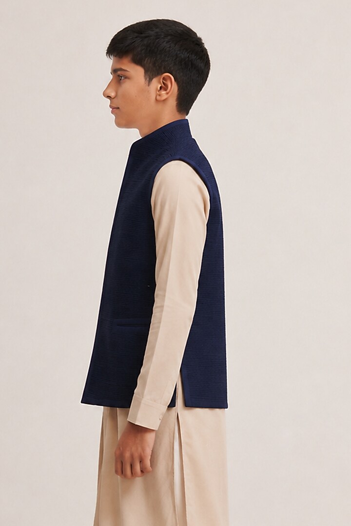 Navy Silk Pintucked Nehru Jacket For Boys by Dhruv Vaish Kids at Pernia's Pop Up Shop