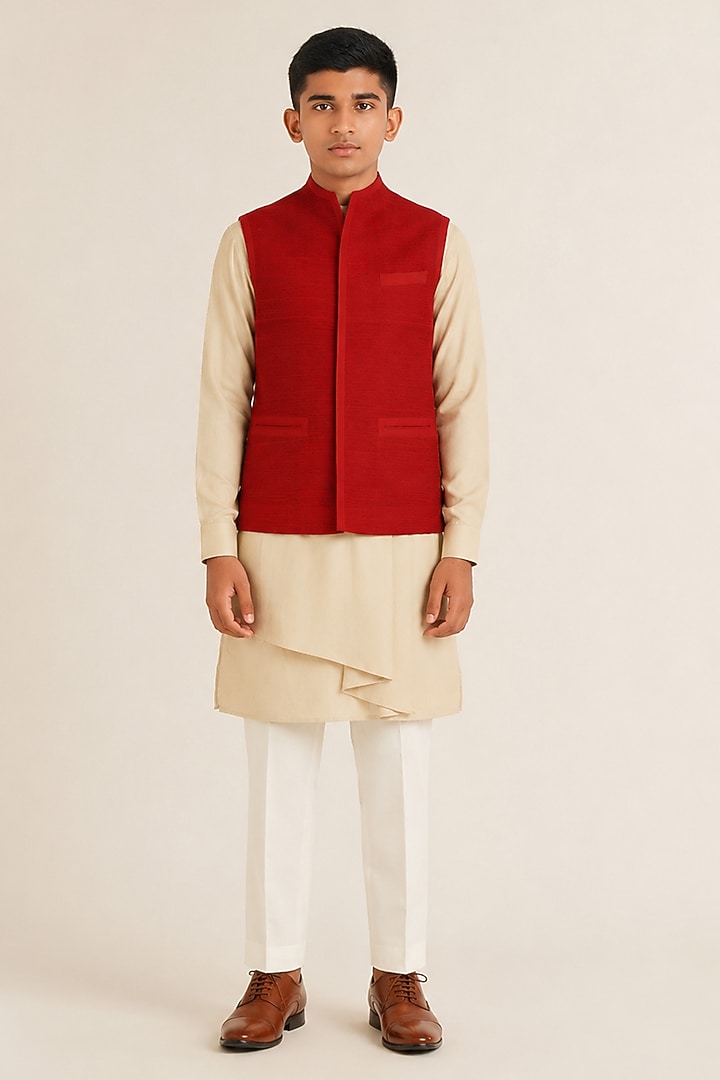 Red Silk Pintucked Nehru Jacket For Boys by Dhruv Vaish Kids at Pernia's Pop Up Shop