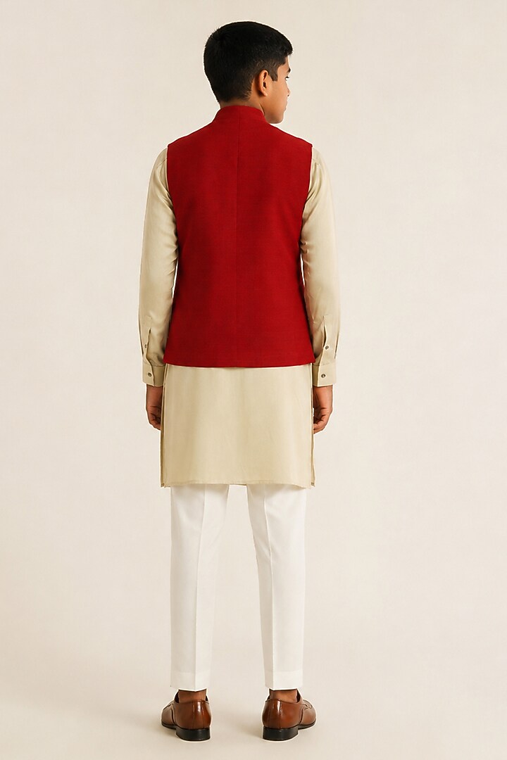 Red Silk Pintucked Nehru Jacket For Boys by Dhruv Vaish Kids at Pernia's Pop Up Shop