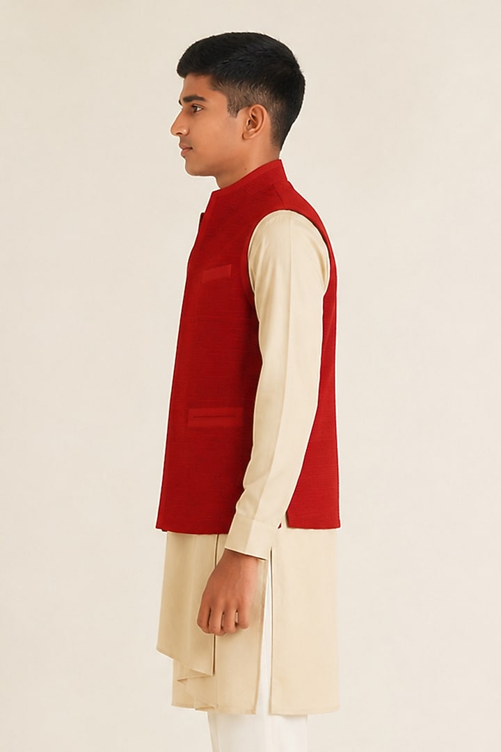 Red Silk Pintucked Nehru Jacket For Boys by Dhruv Vaish Kids at Pernia's Pop Up Shop
