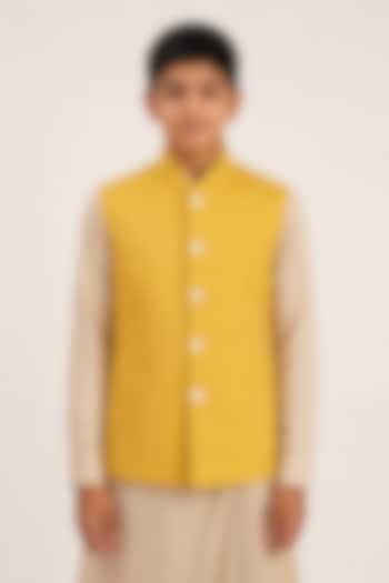 Marigold Yellow Cotton Silk Embroidered Nehru Jacket For Boys by Dhruv Vaish Kids at Pernia's Pop Up Shop